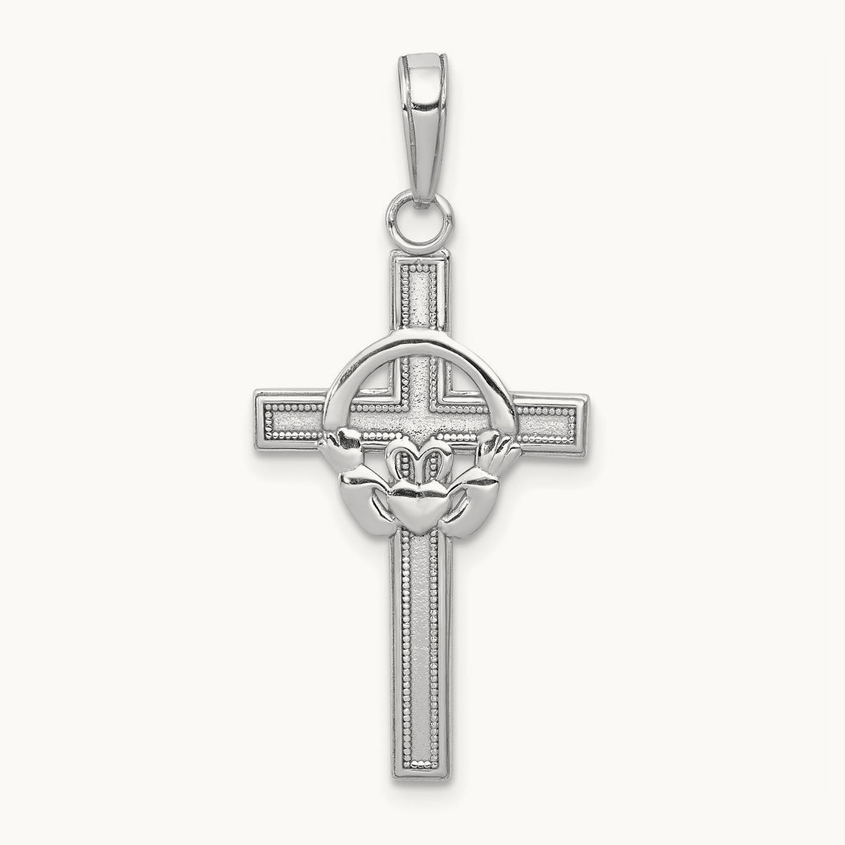 Polished Claddagh Cross Pendant — 14K White Gold