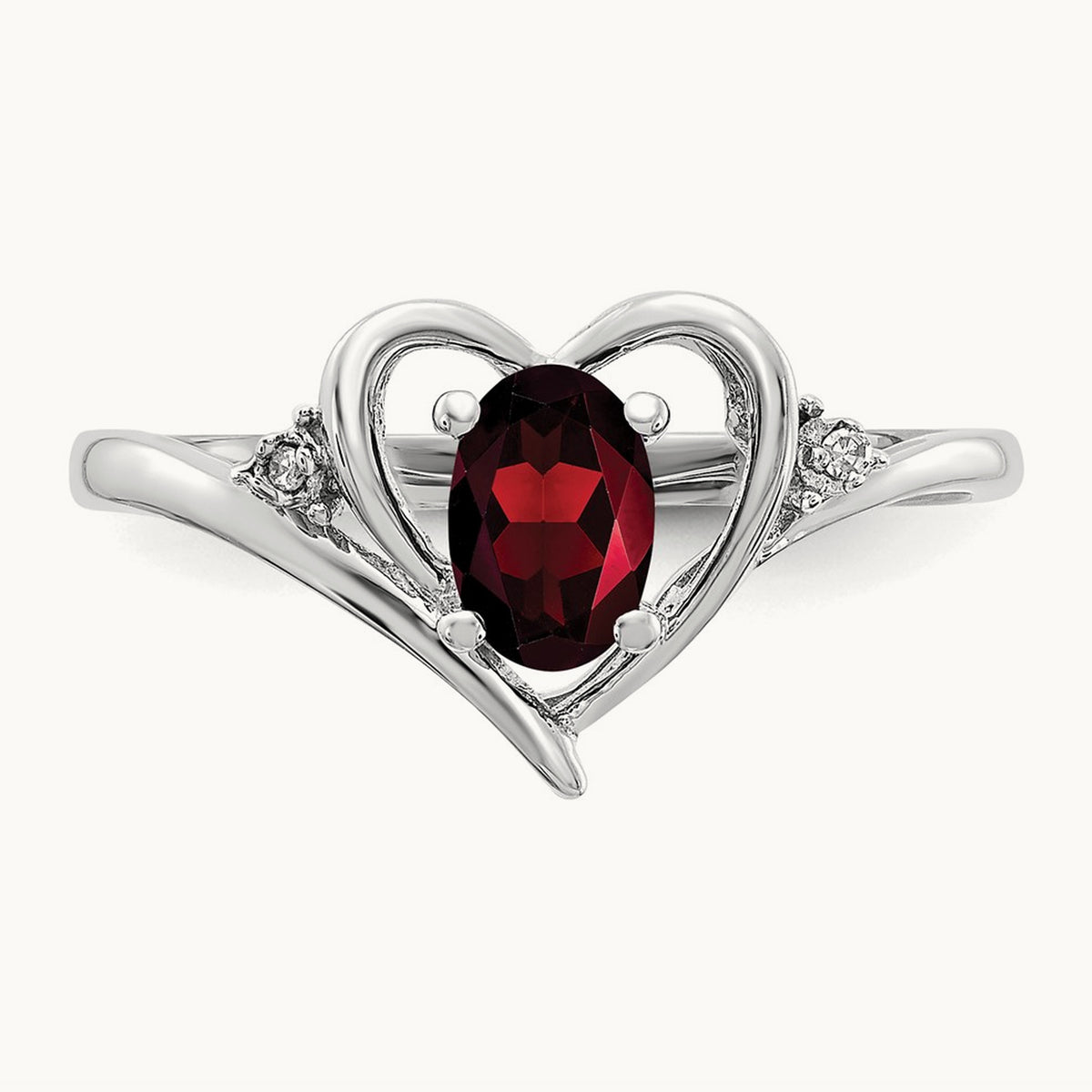 Garnet and Diamond Heart Ring — 14K White Gold, 7