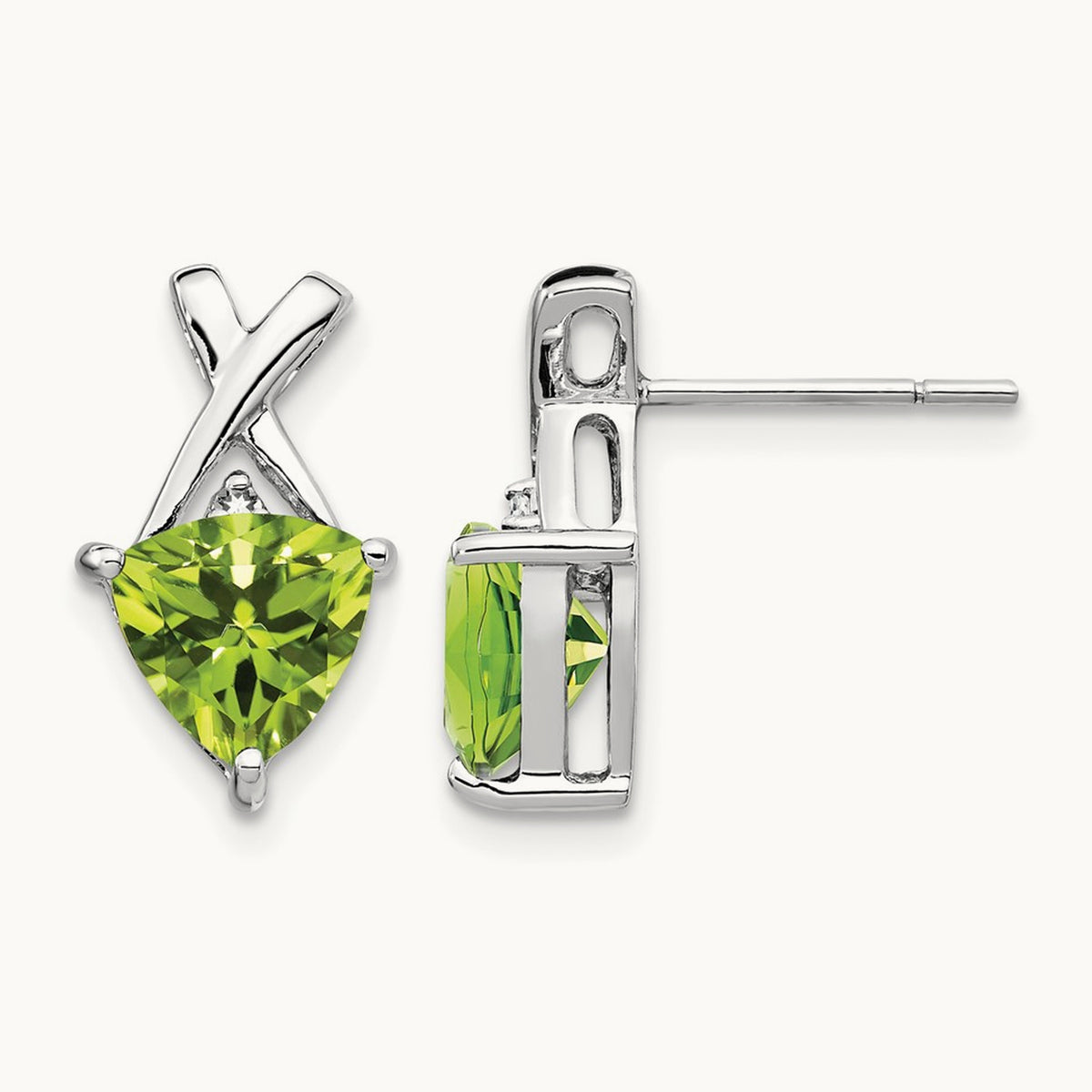 Peridot and White Topaz Trillion Post Earrings, 14K White Gold