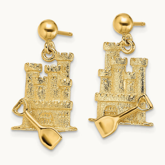 3-D w/ Shovel Sand Castle Dangle Earrings, 14K