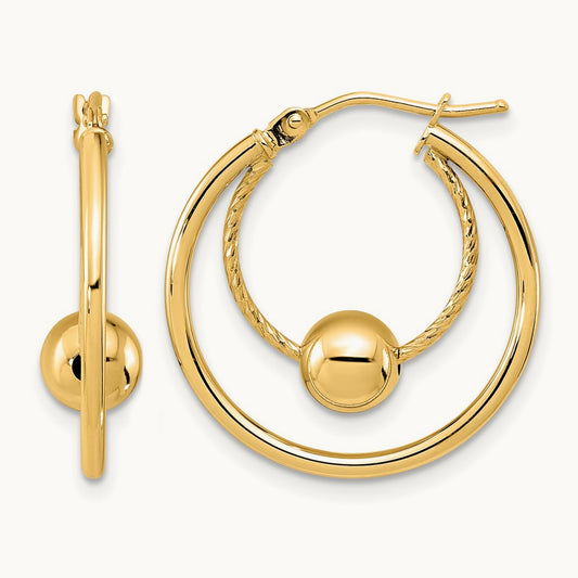 Polished Textured with Ball Hoop Earrings — 10K Yellow Gold