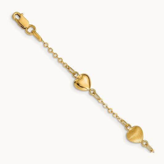 Brushed & Polished Hearts 7 inch Bracelet, 14K