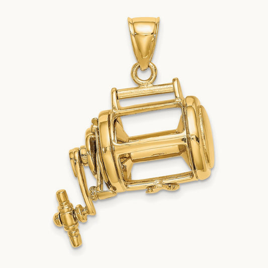 Moveable 3D Fishing Reel Charm, 14K