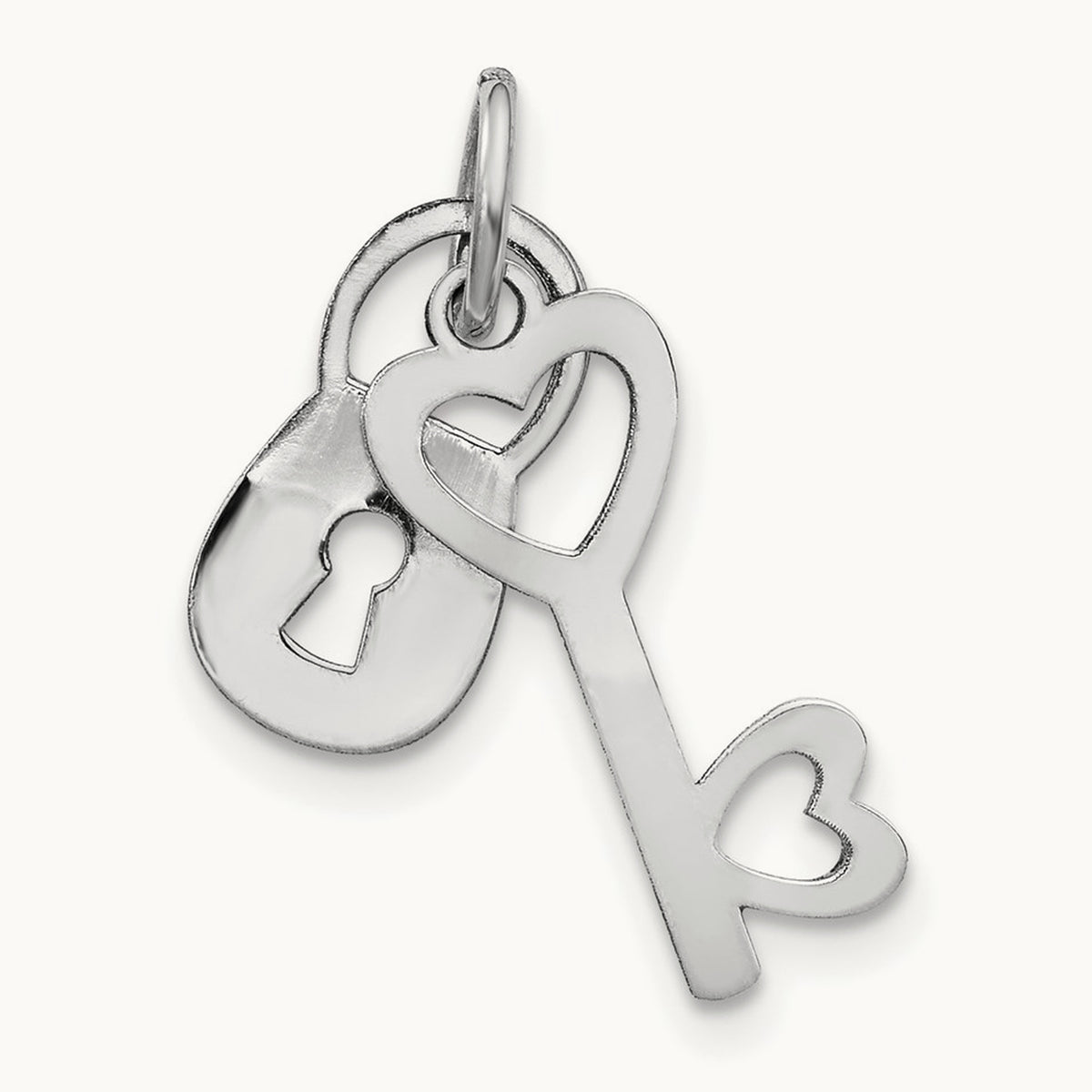 Polished Moveable Lock and Heart Key Charm, 14K White Gold