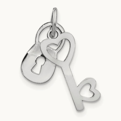 Polished Moveable Lock and Heart Key Charm, 14K White Gold
