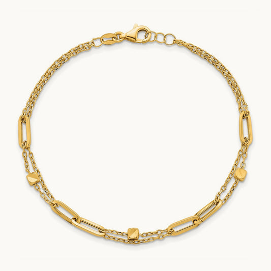 Polished and Beaded 2-Strand Fancy Link 7.5 Inch Bracelet, 14K