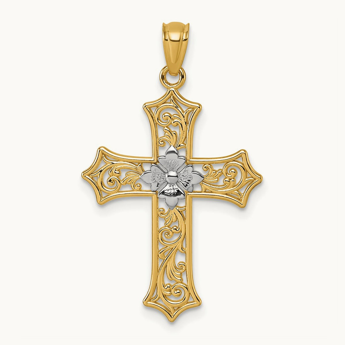 Polished Floral Cross Pendant, 14K with Rhodium