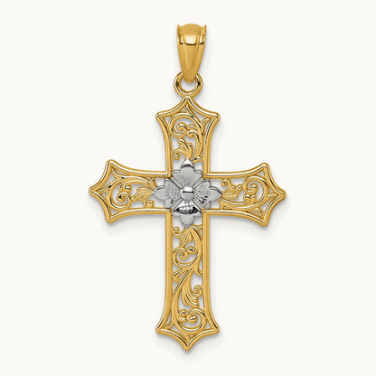 Polished Floral Cross Pendant, 14K with Rhodium