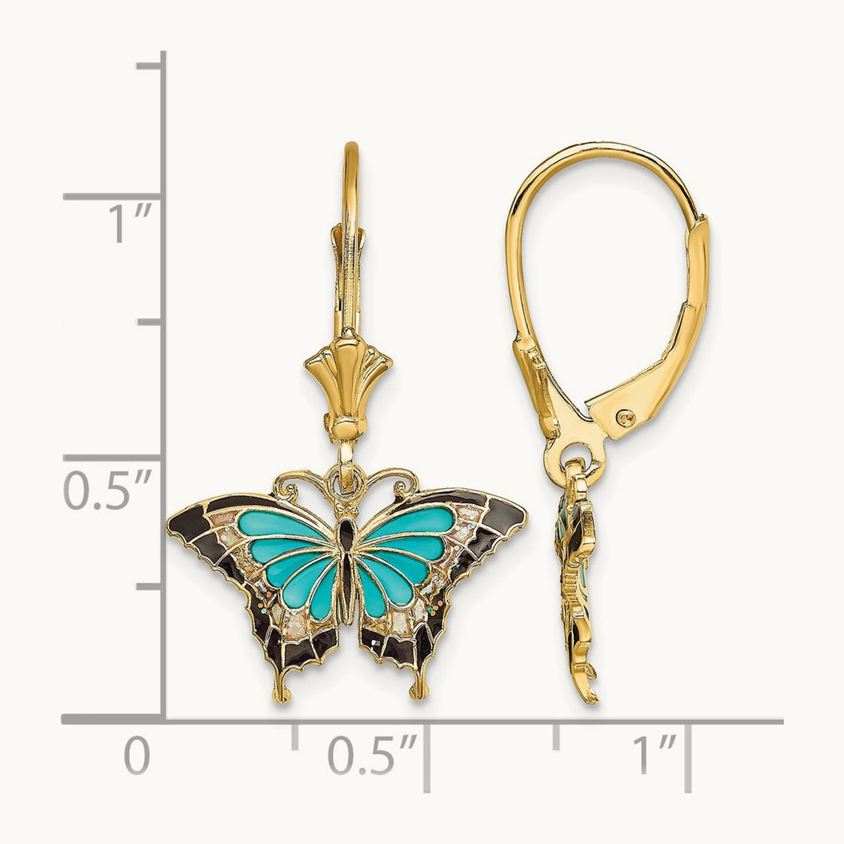 w/Aqua Enameled Wings Butterfly Leverback Earrings, 14K
