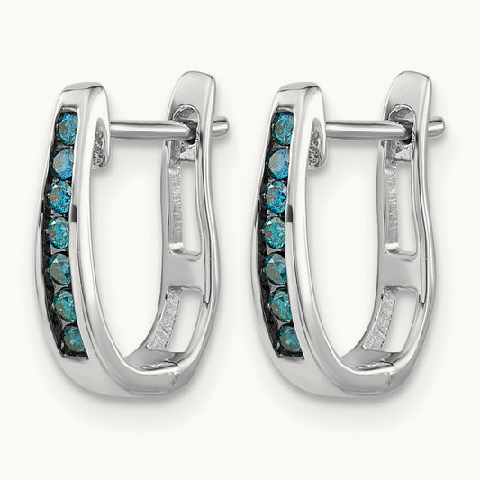 Blue Diamond Hinged Hoop Earrings, 3mm, 14K White Gold