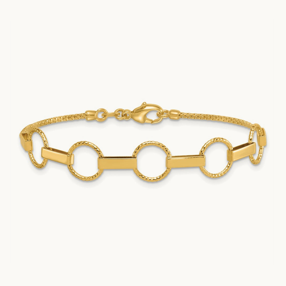 Polished and Textured Circles and Bars Bracelet, 14K