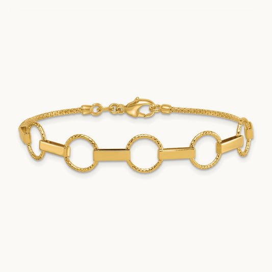 Polished and Textured Circles and Bars Bracelet, 14K