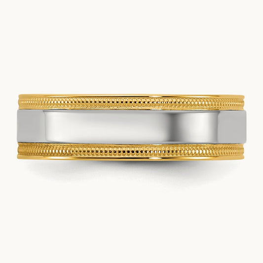 Y/W Milgrain Wedding Band, 6mm, 14K Two-tone