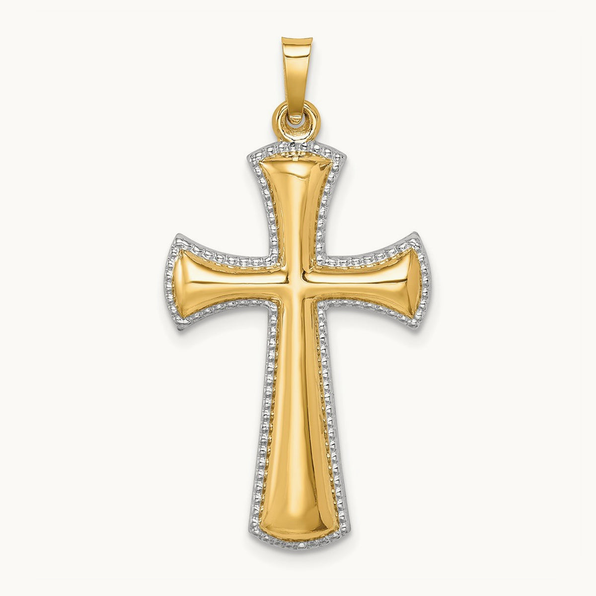 Hollow Polished Beaded Edge Cross — 14K Two-Tone Gold