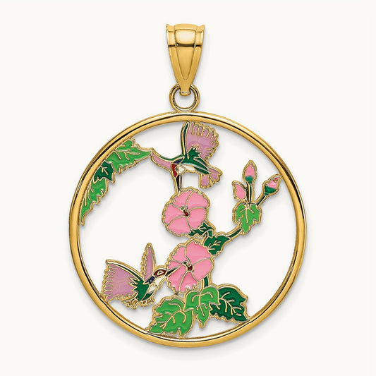 w/ Enamel Hummingbirds and Flowers In Circle Charm, 14K