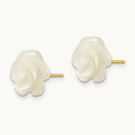 White Mother of Pearl Flower Design Post Stud Earrings, 10mm, 14K