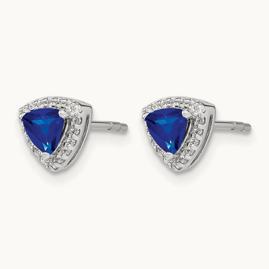 Trillion Sapphire and Diamond Halo Earrings, 14K White Gold