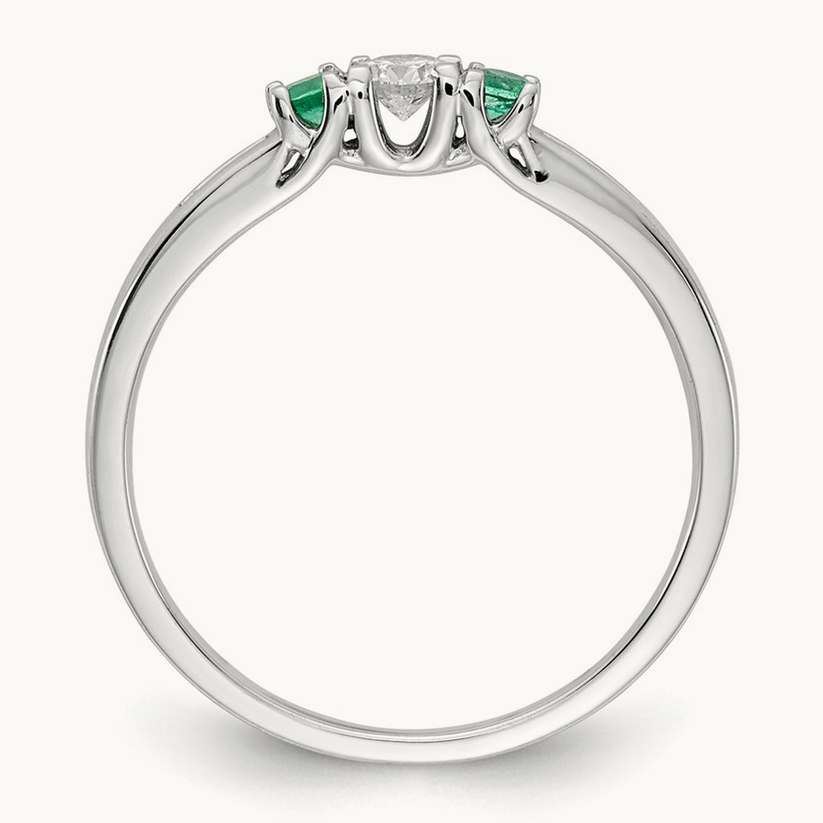 Diamond and Emerald 3-stone Ring, 14K White Gold