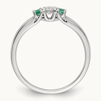 Diamond and Emerald 3-stone Ring, 14K White Gold