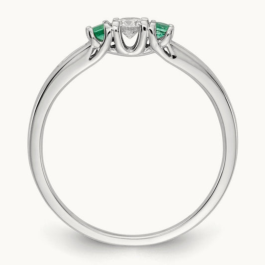 Diamond and Emerald 3-stone Ring, 14K White Gold