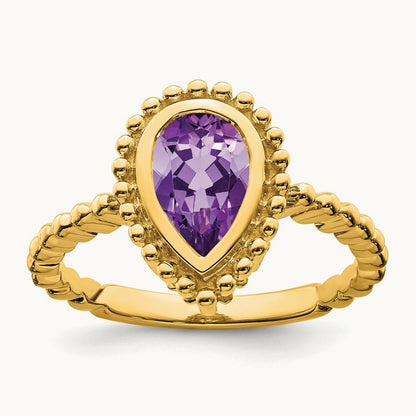 Pear Amethyst Ring — 14K Yellow Gold, 7