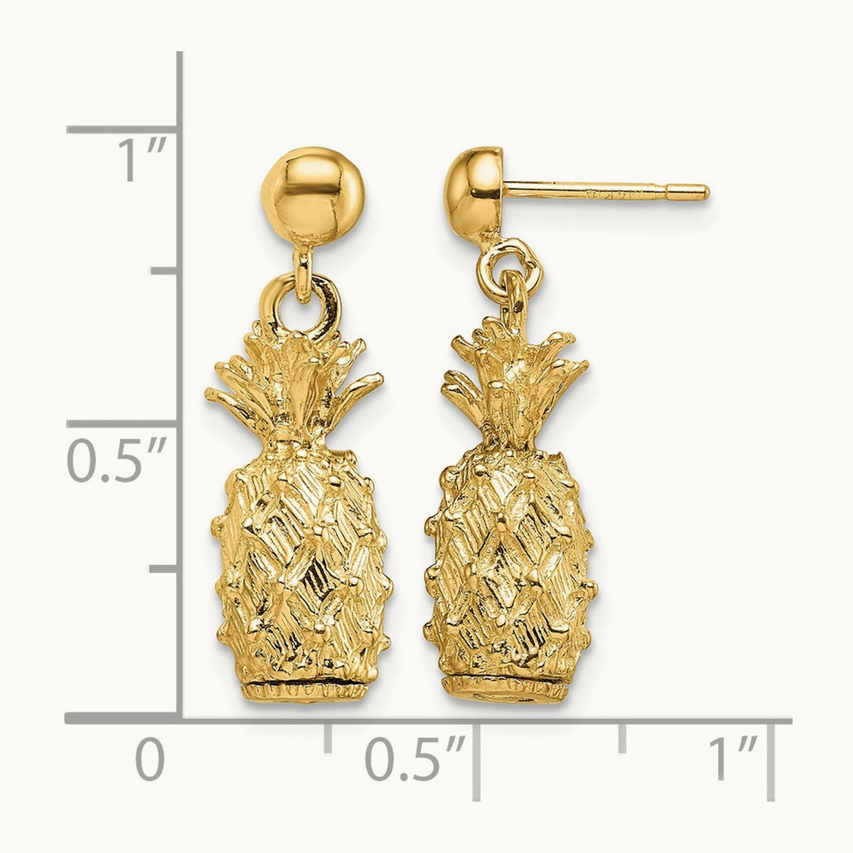 3-D Pineapple Dangle Post Earrings, 14K