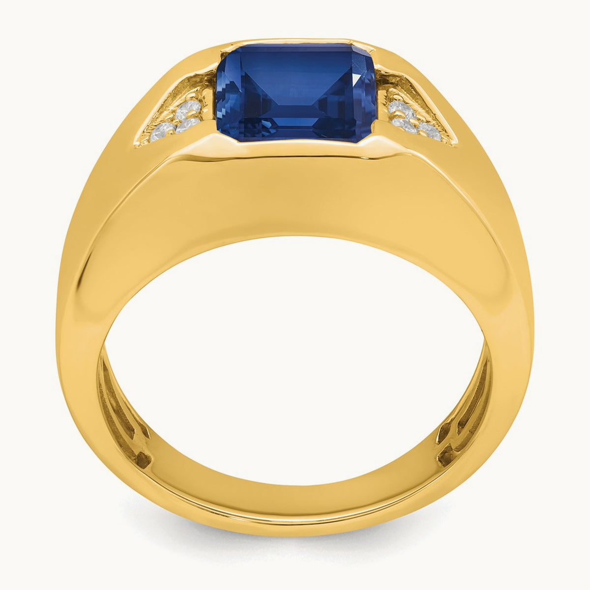 Emerald-cut Created Sapphire and Lab-Grown Diamond Men's Ring — 14K Yellow Gold