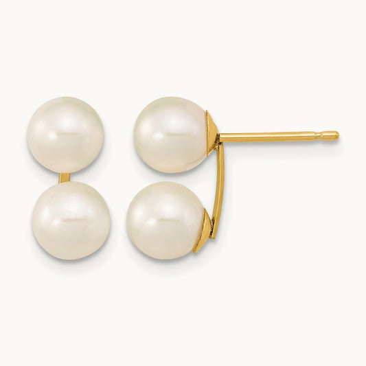 6- White Round FW Cultured Double Pearl Post Earrings, 7mm, 14K