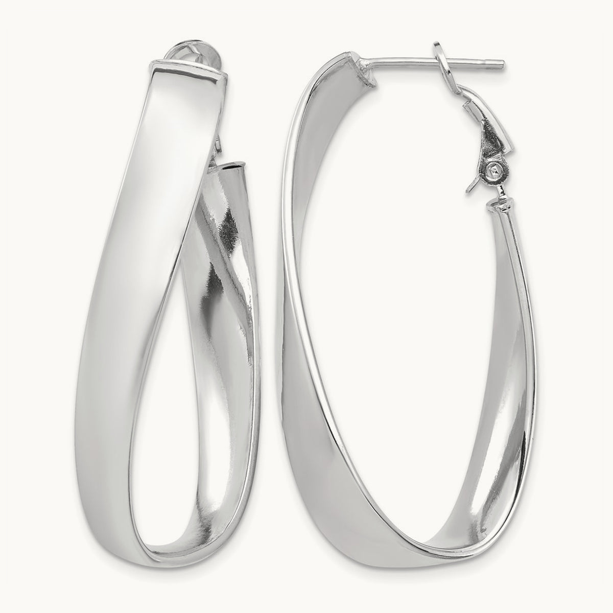 Polished Twisted Omega Back Oval Hoop Earrings — 14K White Gold, 7mm