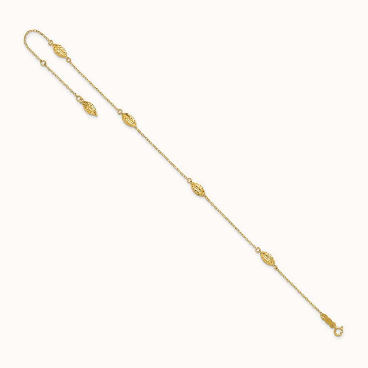 Polished Puffed Rice Bead 9in Plus 1in ext. Anklet, 14K
