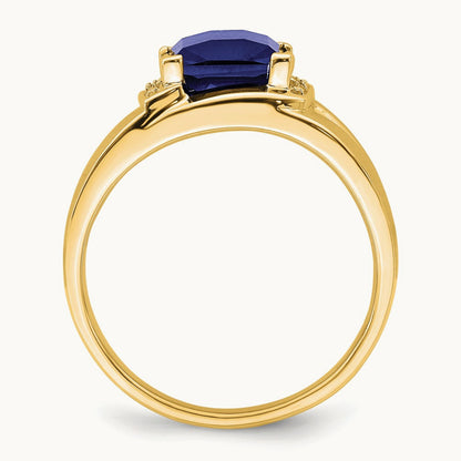 Emerald-cut Created Sapphire and Diamond Mens Ring, 14K