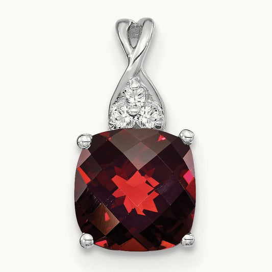 Checkerboard Garnet and Diamond Pendant — 14K White Gold