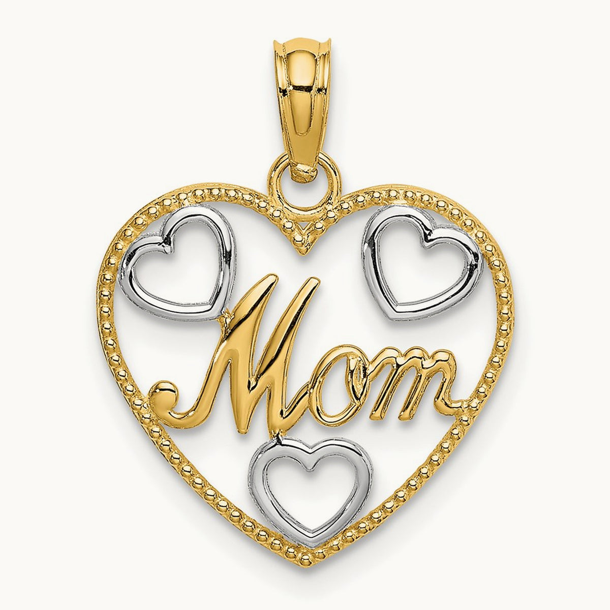 Textured MOM Heart Charm, 14K with White Rhodium