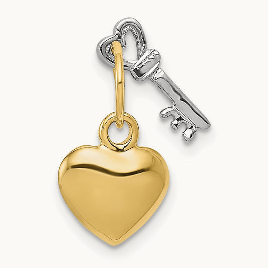 Polished Moveable Key and Heart Lock Charm, 14K Two-tone