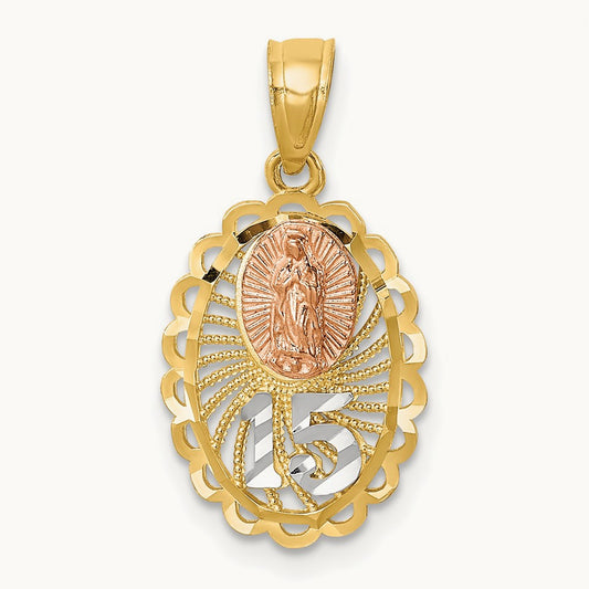 w/White Rhodium Lady of Guadalupe 15 Pendant, 14K Two-tone
