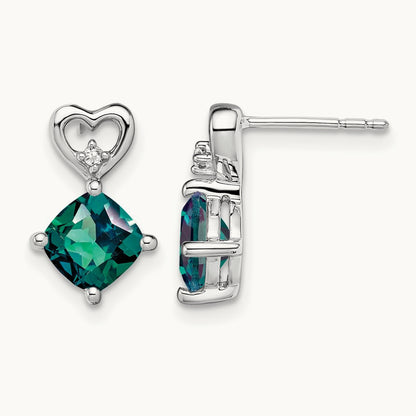 Created Alexandrite and Diamond Heart Earrings, 14K White Gold