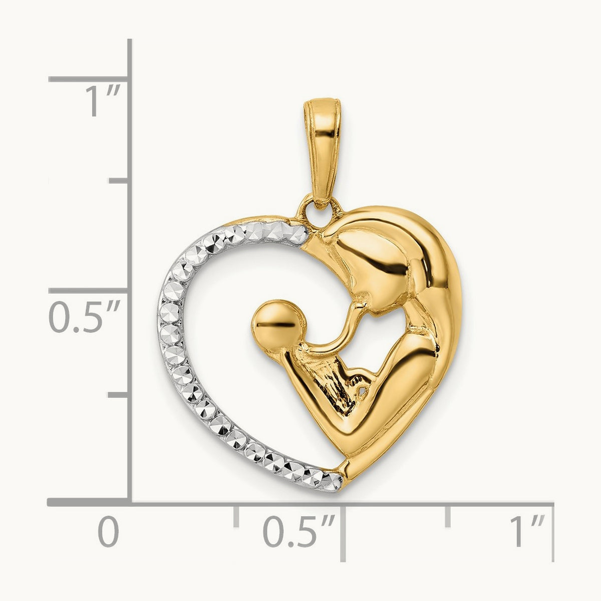 Diamond-cut Mother and Baby Heart Pendant, 14K with White Rhodium