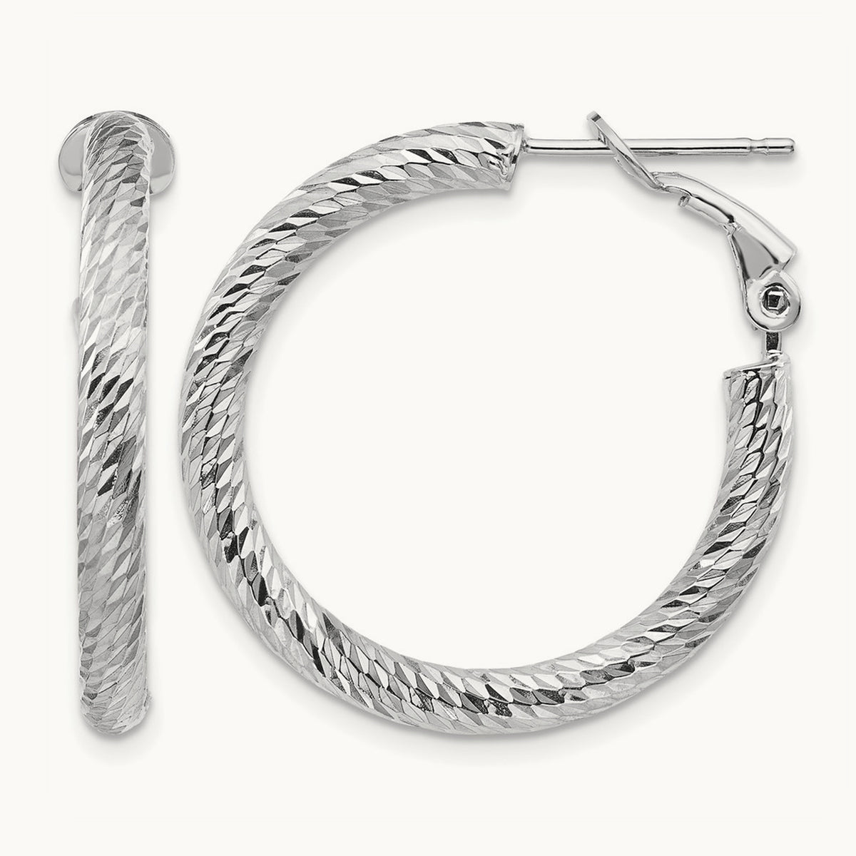 Diamond-cut Round Omega Back Hoop Earrings — 14K White Gold, 3x27mm
