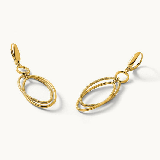 Polished and Textured Oval Dangle Leverback Earrings — 10K Yellow Gold