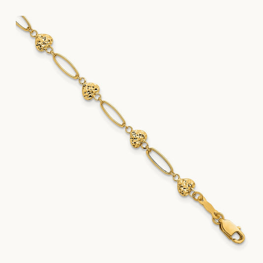 Polished Oval Link w D/C Puffed Hearts 7.5in Bracelet, 14K