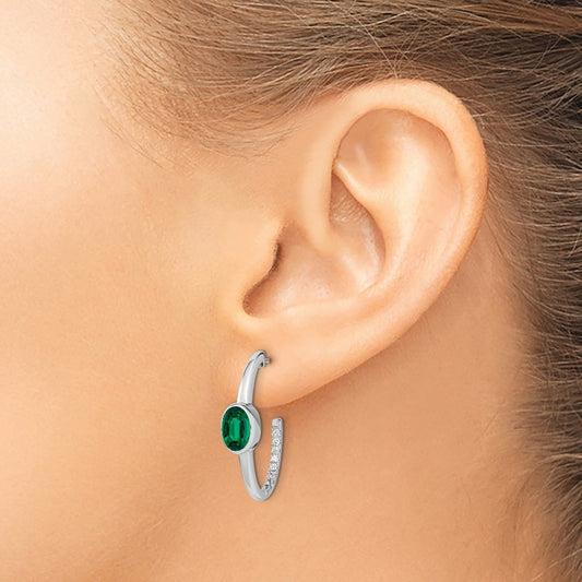 Oval Created Emerald and Lab-Grown Diamond J-Hoop Earrings — 14K White Gold