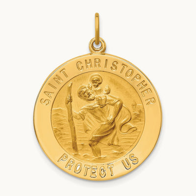 Solid Polished/Satin Large Round St. Christopher Medal, 14K