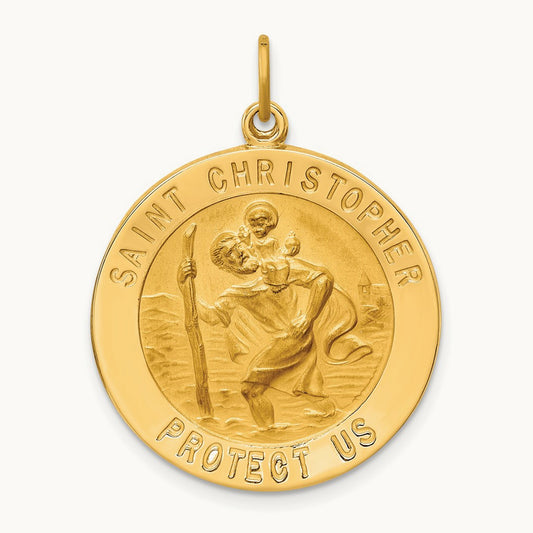 Solid Polished/Satin Large Round St. Christopher Medal, 14K
