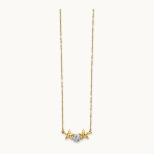 & White Rhodium 17\ Brushed & Polished Sand Dollar Starfish Necklace", 14K