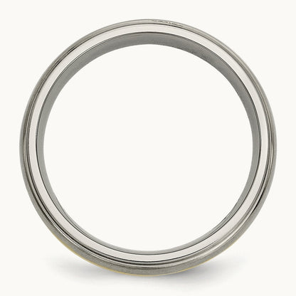 Brushed Center w/14k Yellow Inlay Ridged Edge Band, 6mm, Titanium