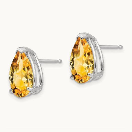 Citrine Pear Stud Earrings, 14K White Gold