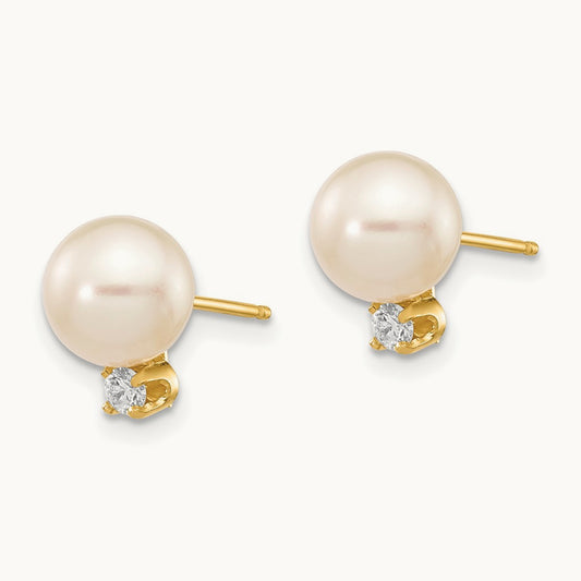 7- White Round Freshwater Cultured Pearl .10ct Diamond Post Earrings, 8mm, 14K