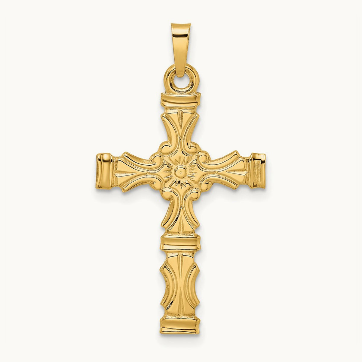 Polished Solid Floral Center Cross Pendant, 14K