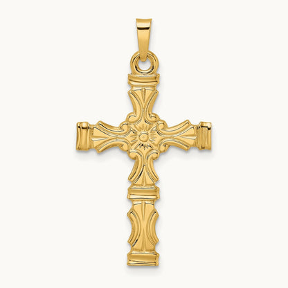 Polished Solid Floral Center Cross Pendant, 14K