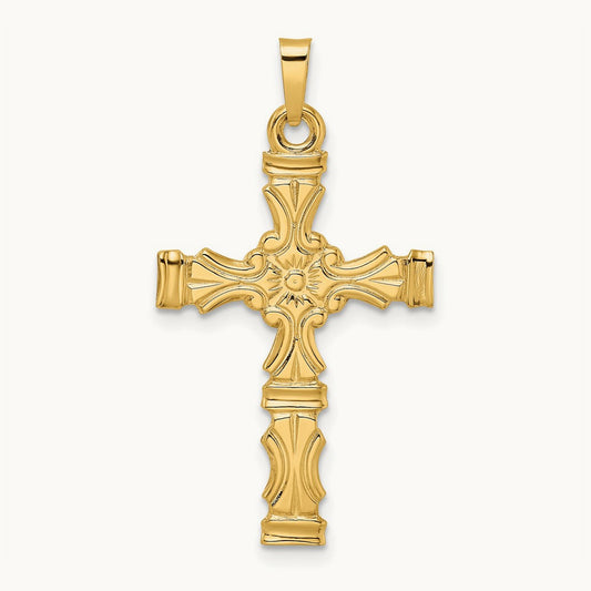 Polished Solid Floral Center Cross Pendant, 14K